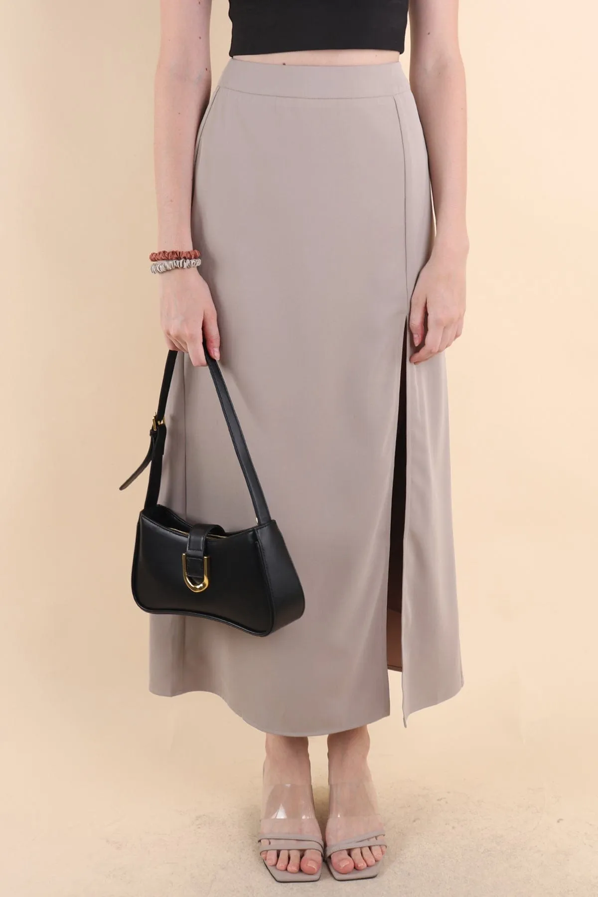 MINNIE SLIT MAXI SKIRT IN GREIGE ECRU