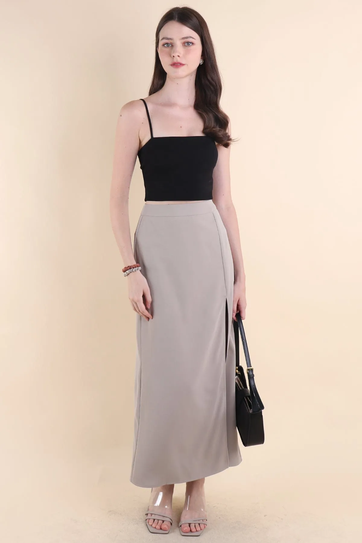 MINNIE SLIT MAXI SKIRT IN GREIGE ECRU