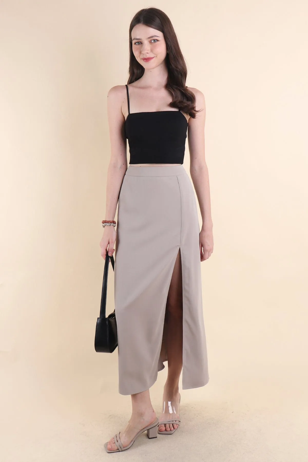 MINNIE SLIT MAXI SKIRT IN GREIGE ECRU