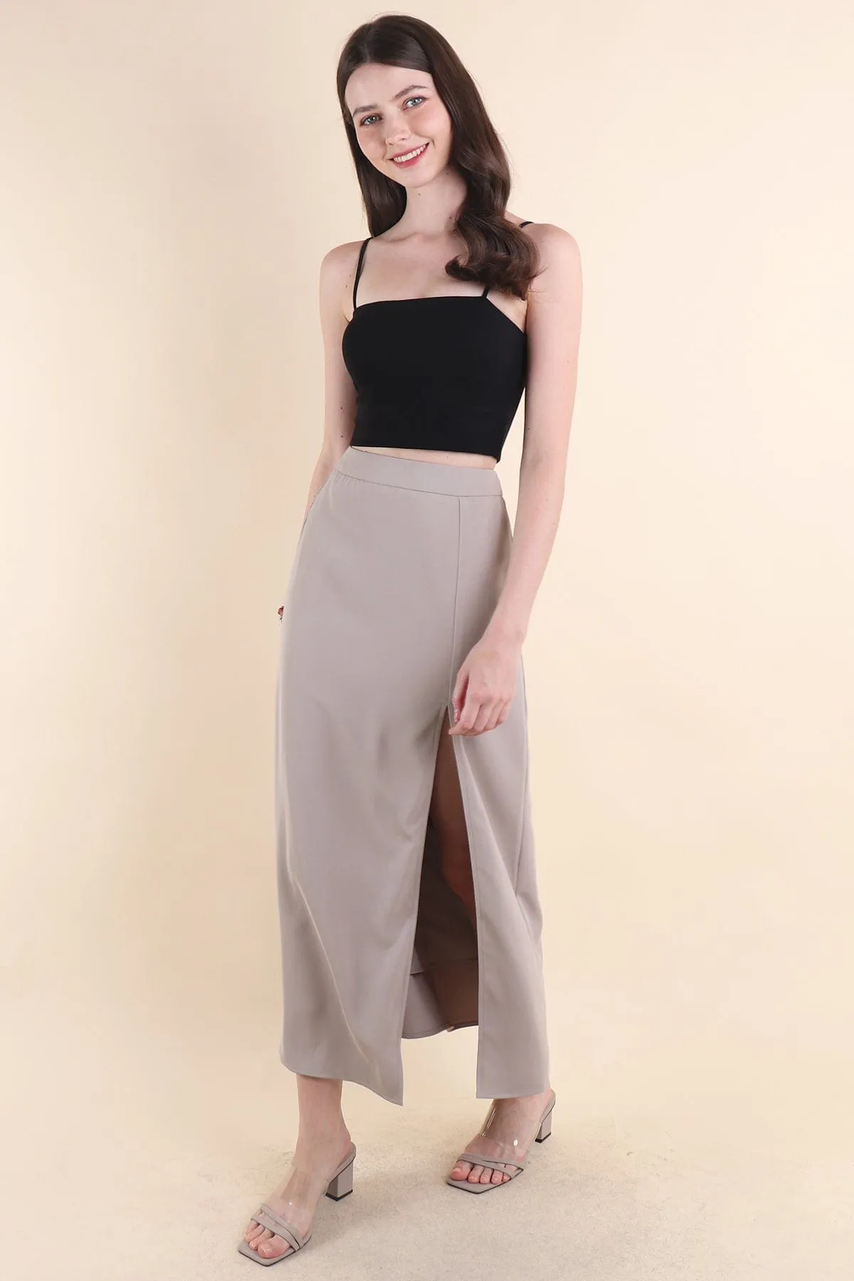 MINNIE SLIT MAXI SKIRT IN GREIGE ECRU