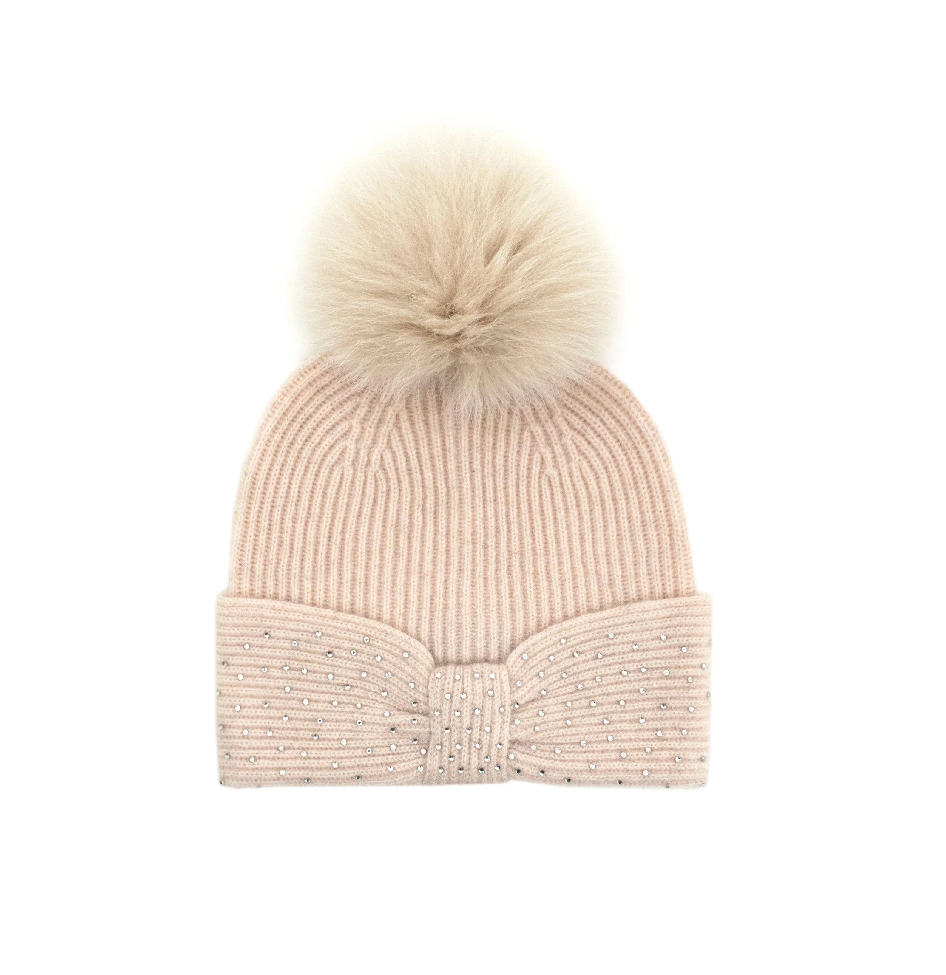 Mitchie's | Knitted Hat with Bow and Fox Fur Pom