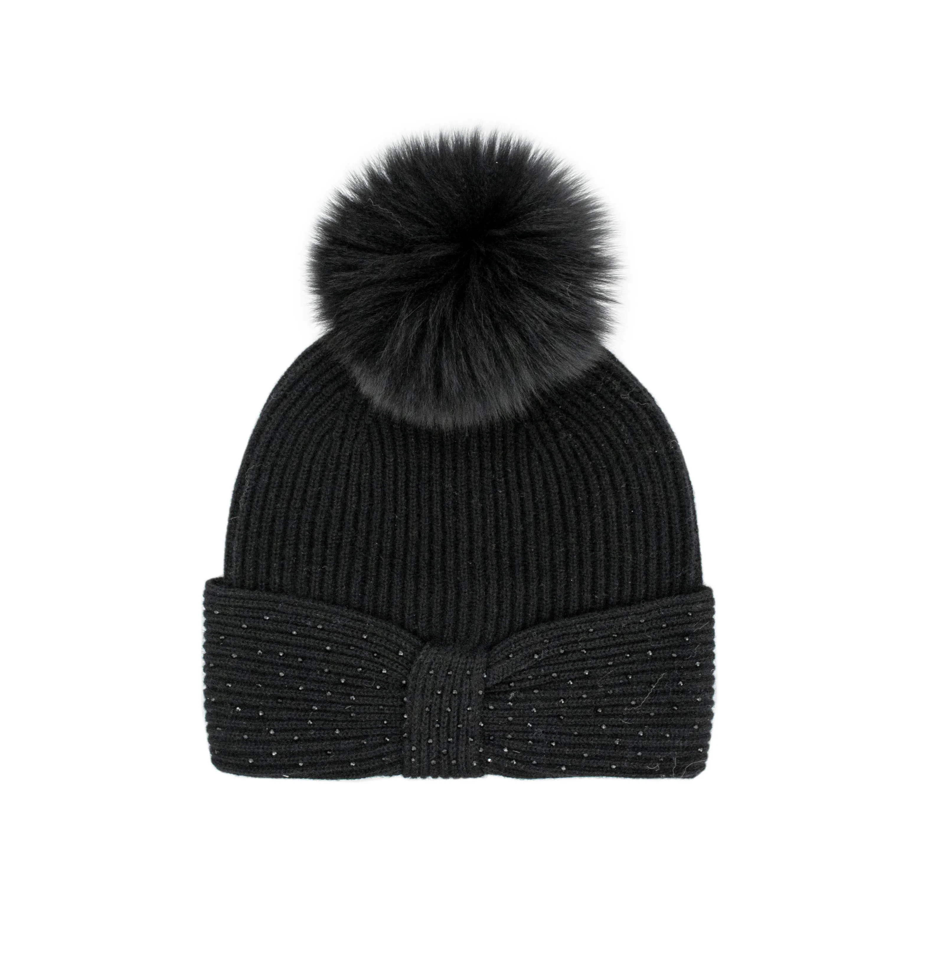 Mitchie's | Knitted Hat with Bow and Fox Fur Pom