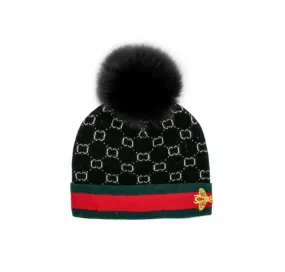 Mitchie's | Knitted Hat With Embroidered Bee And Fox Pom