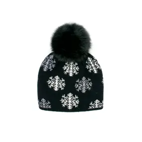 Mitchie's | Scattered Snowflakes Knitted Hat with Fox Fur Pom