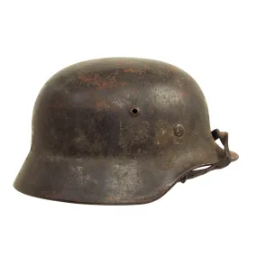 Original German WWII Army Heer M35 Double Decal Overpaint Camouflage Helmet with 56cm Liner & Chinstrap - Q64