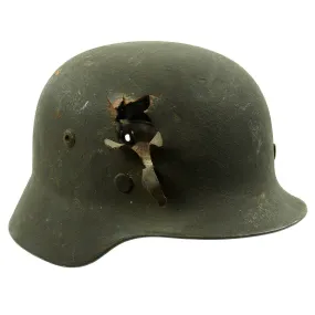 Original German WWII Army Heer M35 KIA Shot Through Steel Helmet with Textured Paint - Q62