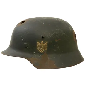 Original German WWII Army Heer M35 Single Decal KIA Shot Through Steel Helmet with Torn Liner & Chinstrap - SE66