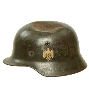 Original German WWII Army Heer M40 Single Decal Battle Damaged Steel Helmet Shell - Stamped ET64