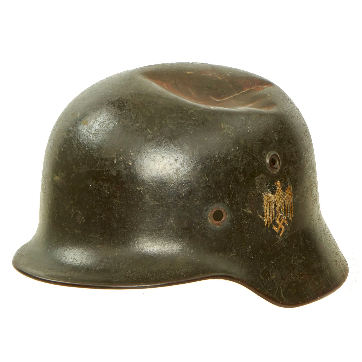 Original German WWII Army Heer M40 Single Decal Battle Damaged Steel Helmet Shell - Stamped ET64