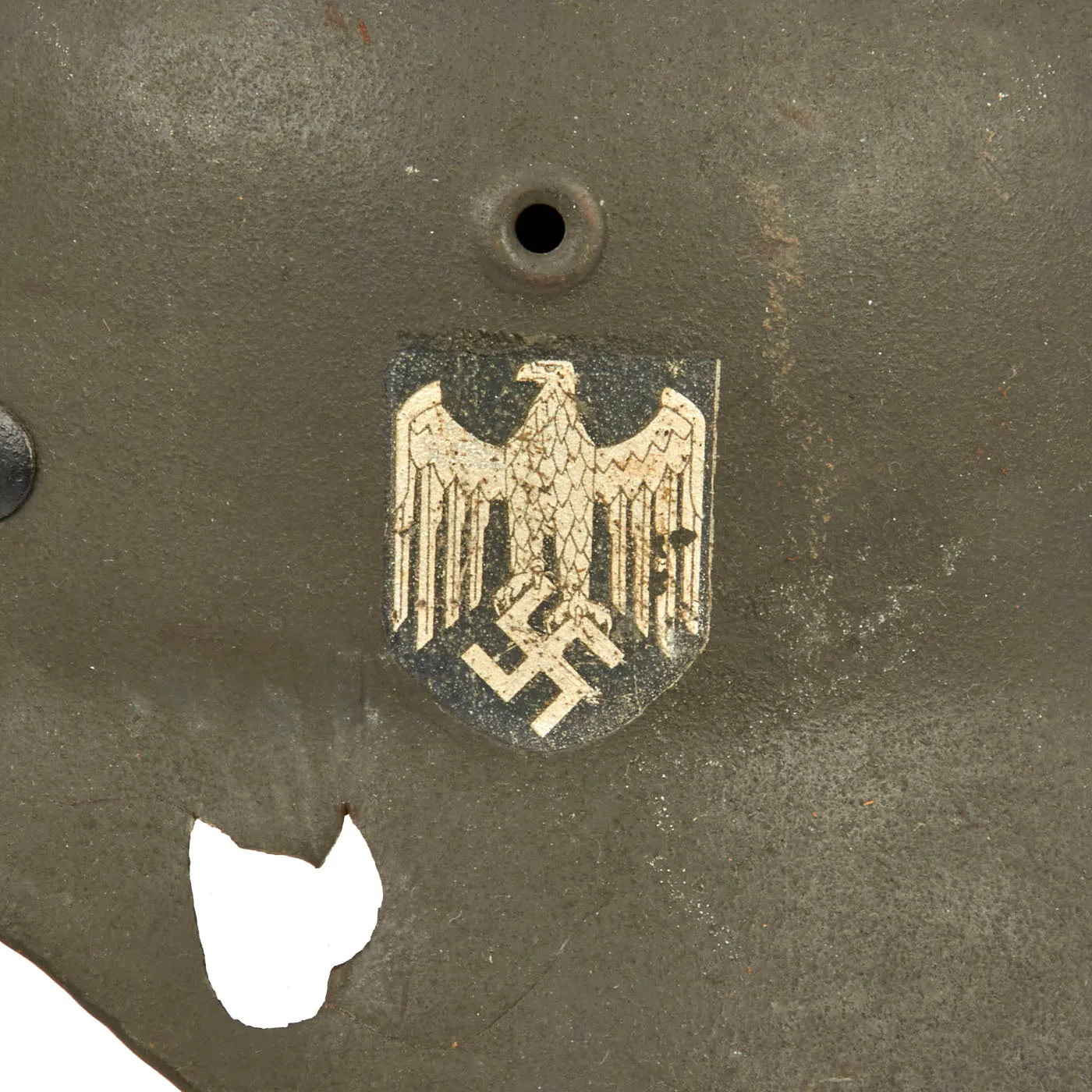 Original German WWII Army Heer M40 Single Decal KIA Shot Through Steel Helmet - NS66