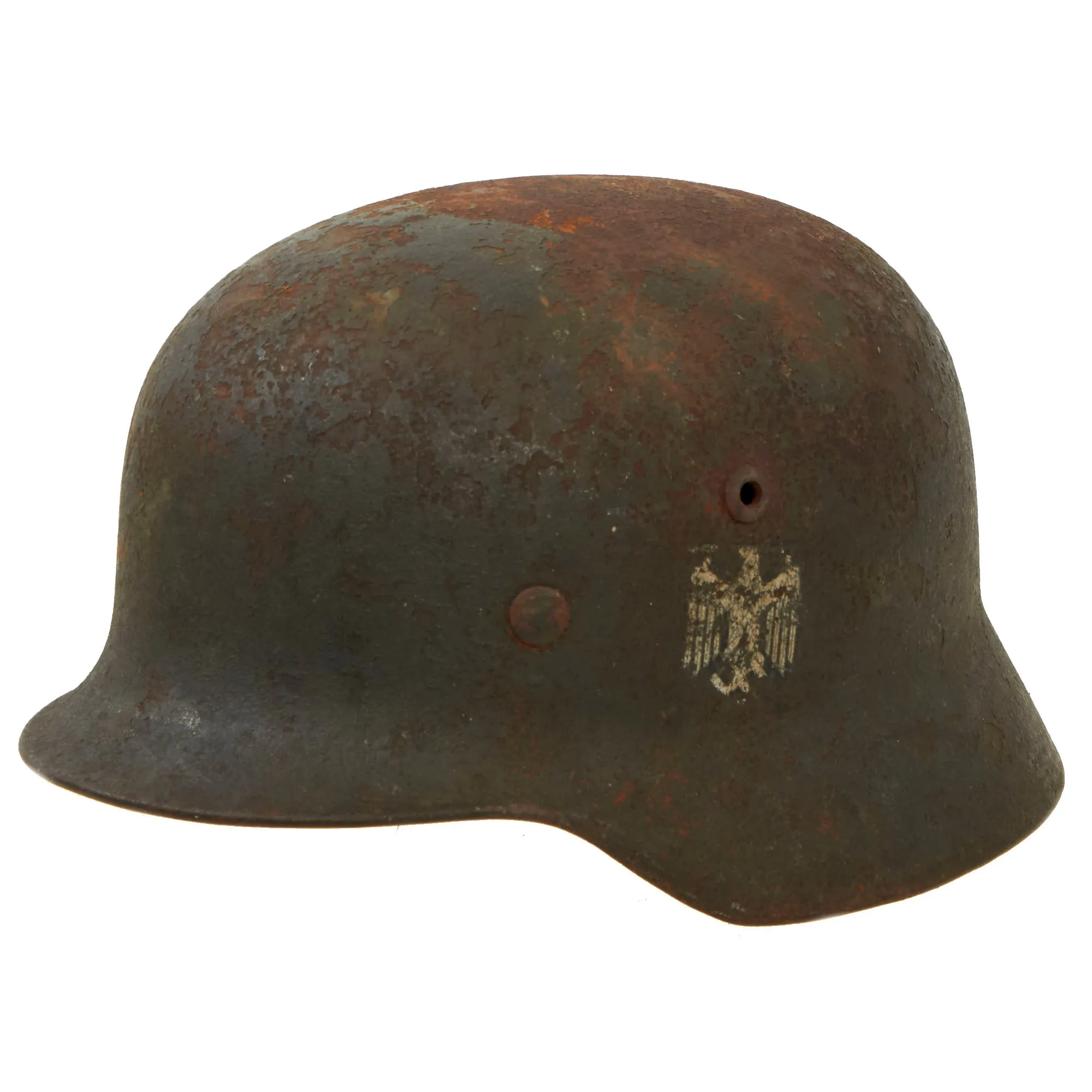 Original German WWII Battlefield Pickup M35 Single Decal Army Heer Helmet with Relic Liner & Chinstrap - Q66