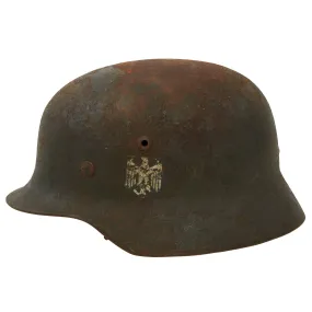 Original German WWII Battlefield Pickup M35 Single Decal Army Heer Helmet with Relic Liner & Chinstrap - Q66