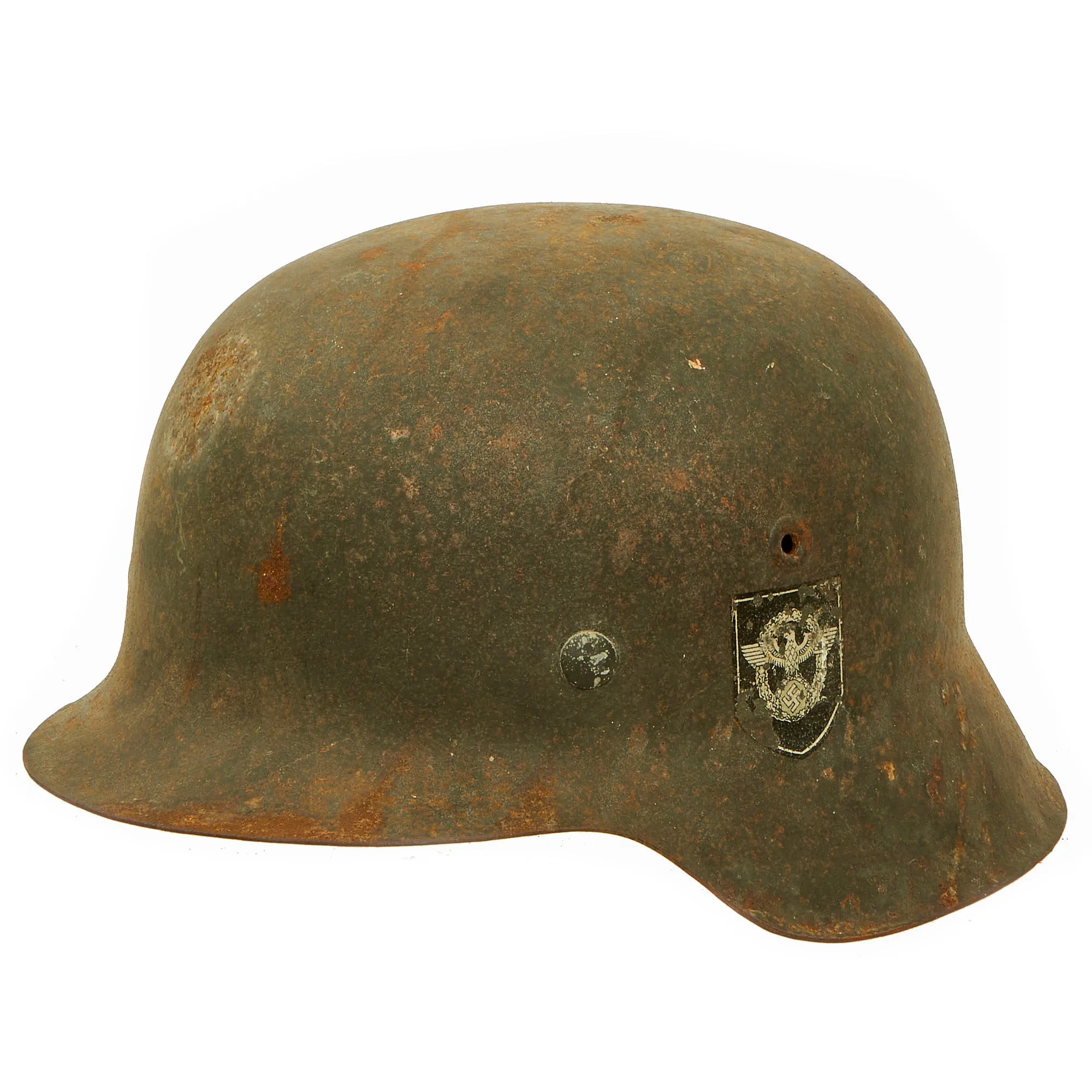 Original German WWII "Battlefield Pickup" Double Decal NSDAP Civic Police M42 Steel Combat Helmet - size 66 Shell