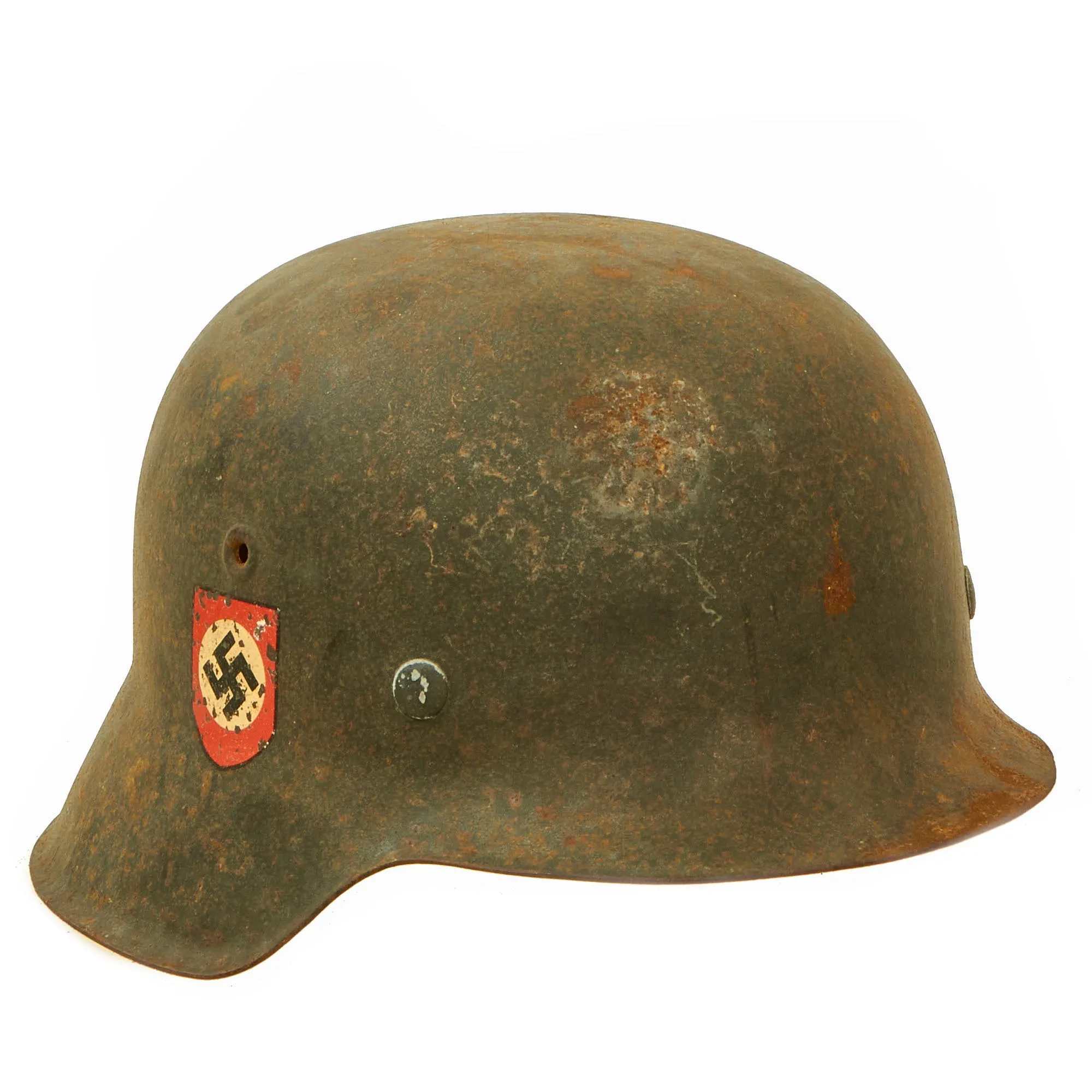 Original German WWII "Battlefield Pickup" Double Decal NSDAP Civic Police M42 Steel Combat Helmet - size 66 Shell