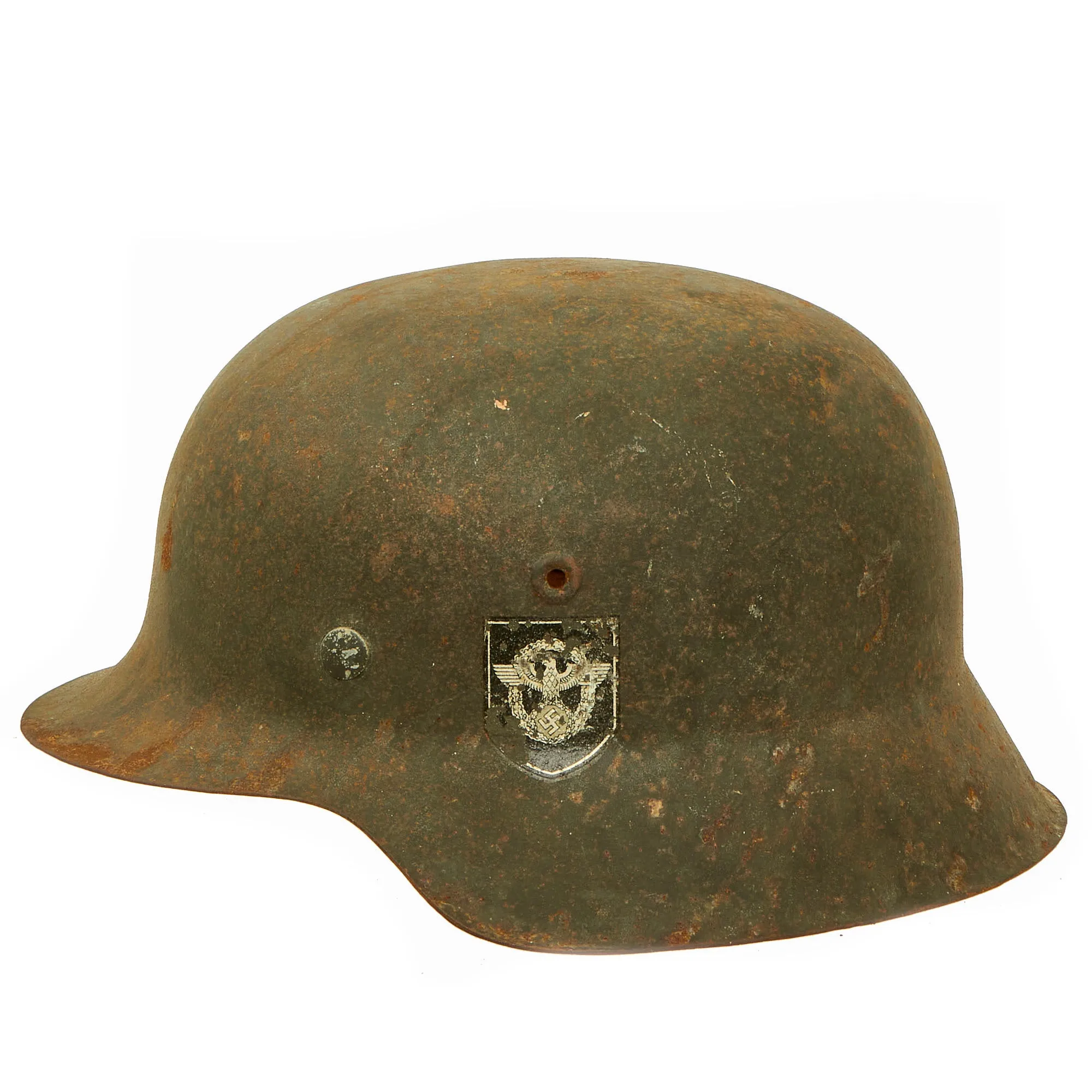 Original German WWII "Battlefield Pickup" Double Decal NSDAP Civic Police M42 Steel Combat Helmet - size 66 Shell