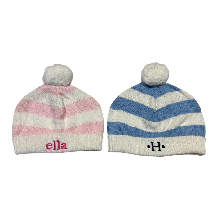 Personalized Cotton Stripe Knit Hat with Pompom