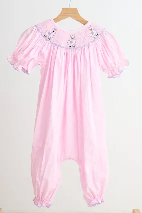 Pink alpaca hand smocked gingham girl romper