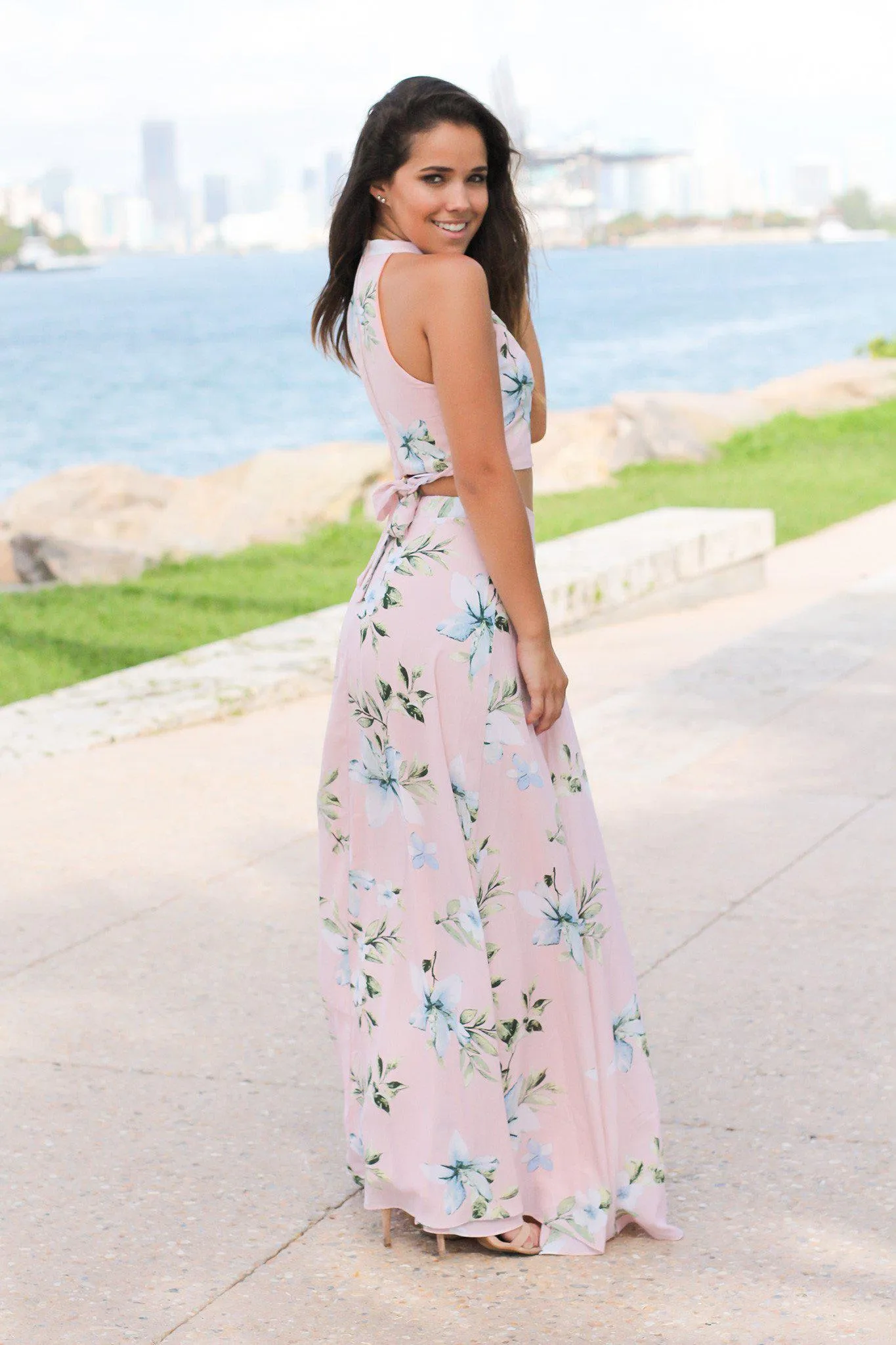 Pink Floral Halter Neck Two Piece Set