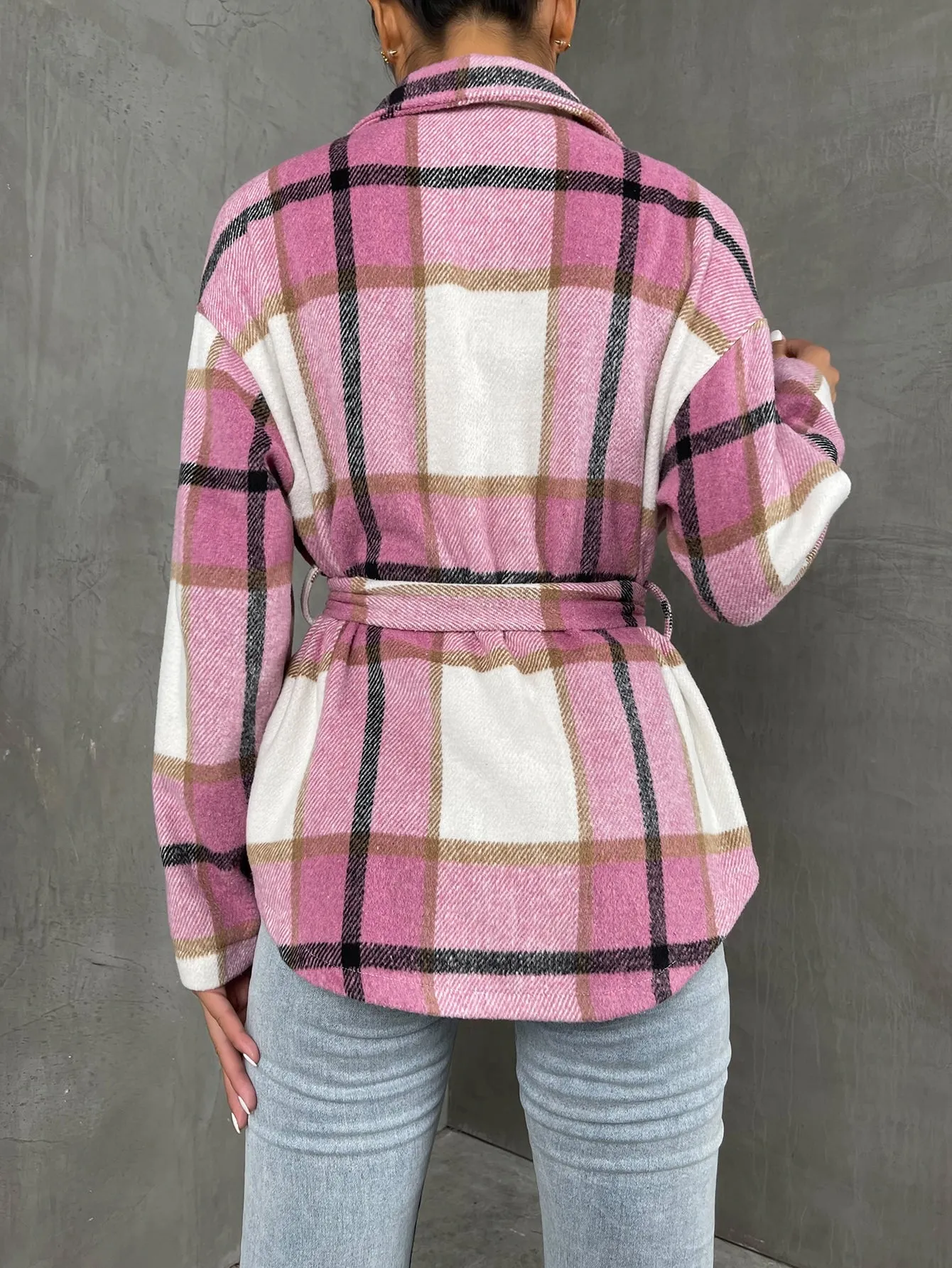 Plaid Belted Long Sleeve Collar Short Women Overcoat