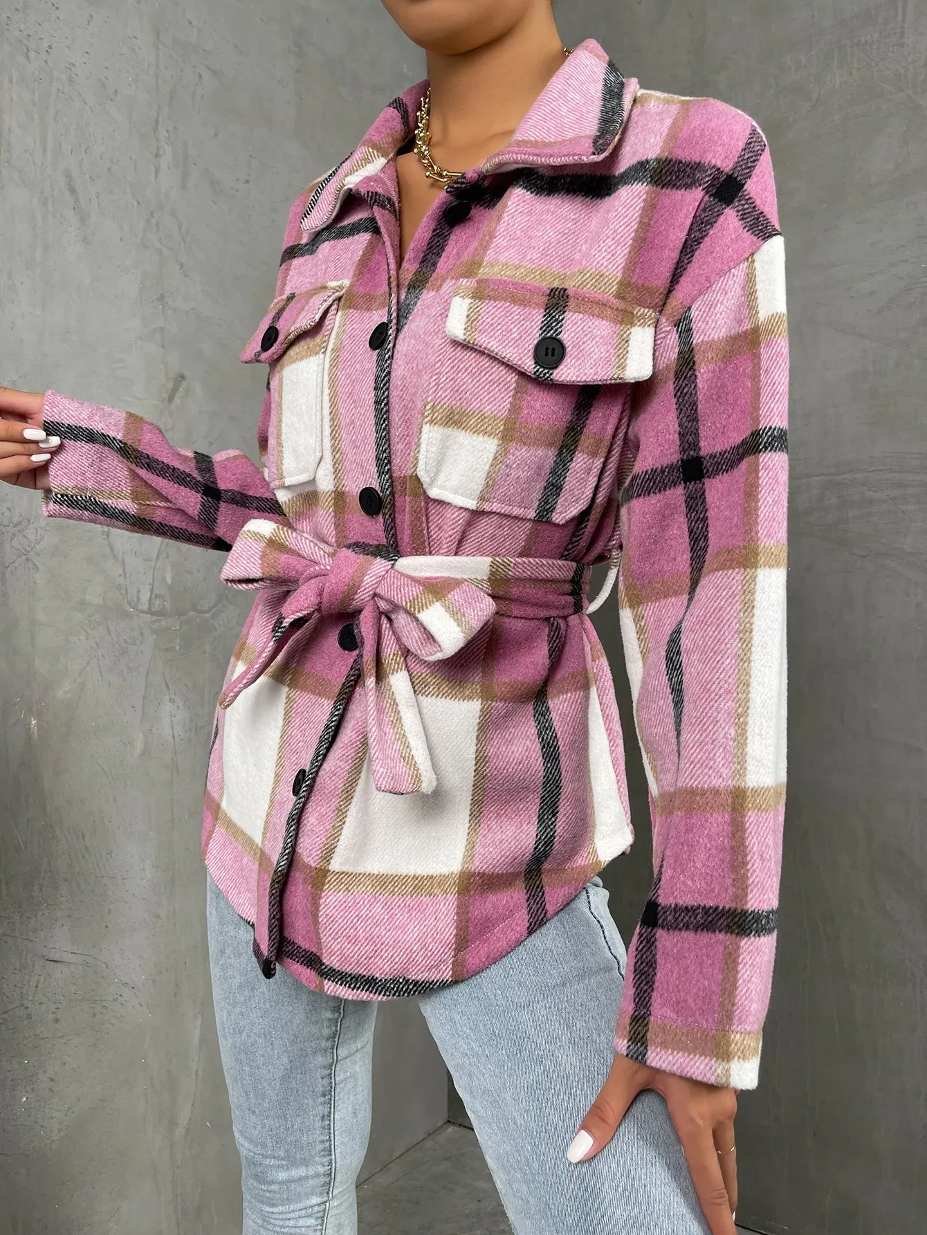 Plaid Belted Long Sleeve Collar Short Women Overcoat