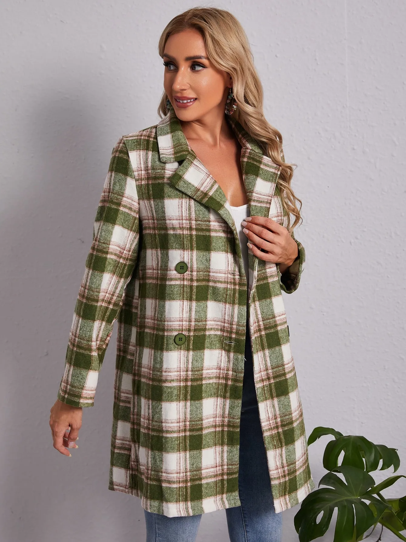 Plaid Double Button Long Sleeve Lapel Short Women Overcoat