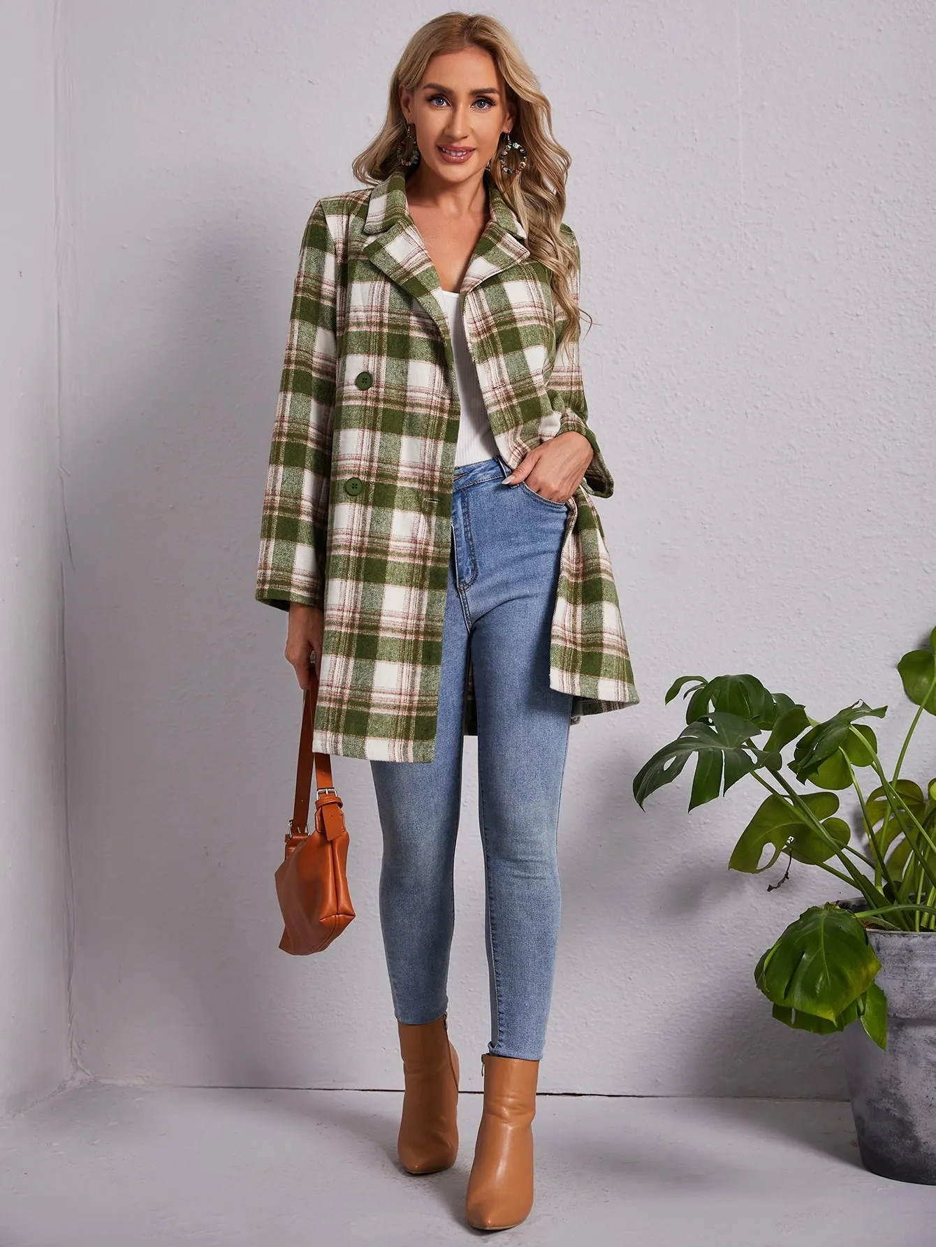 Plaid Double Button Long Sleeve Lapel Short Women Overcoat