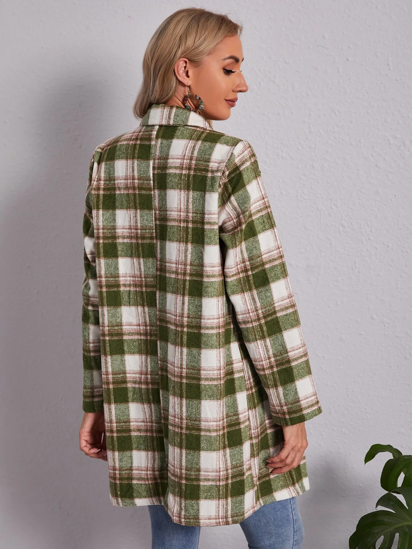 Plaid Double Button Long Sleeve Lapel Short Women Overcoat