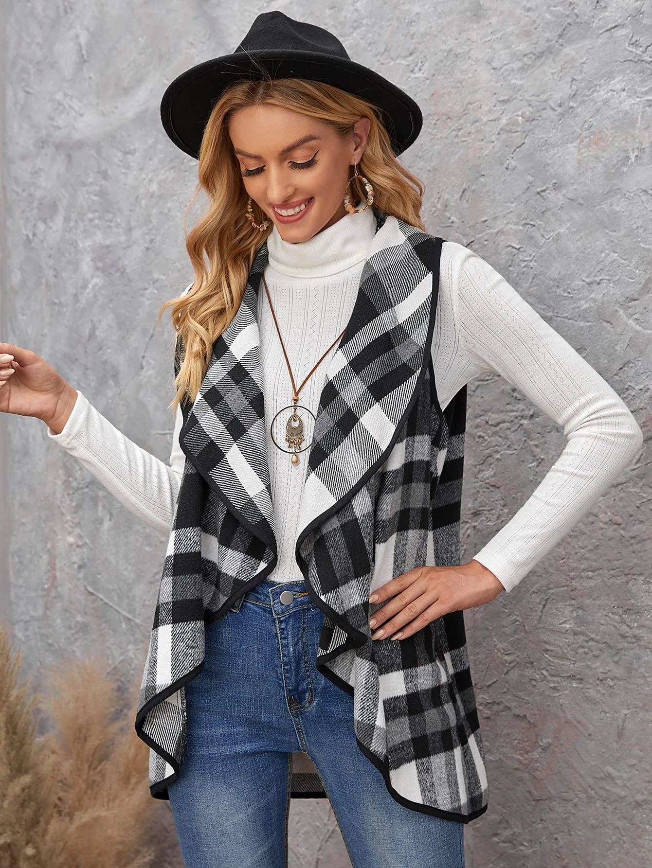 Preppy Plaid Sleeveless Waterfall Asymmetrical Short Women Overcoat