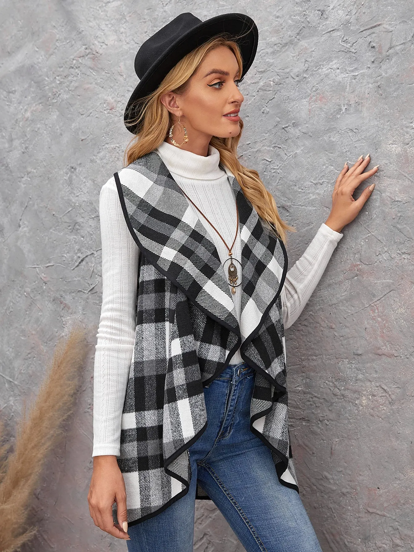 Preppy Plaid Sleeveless Waterfall Asymmetrical Short Women Overcoat