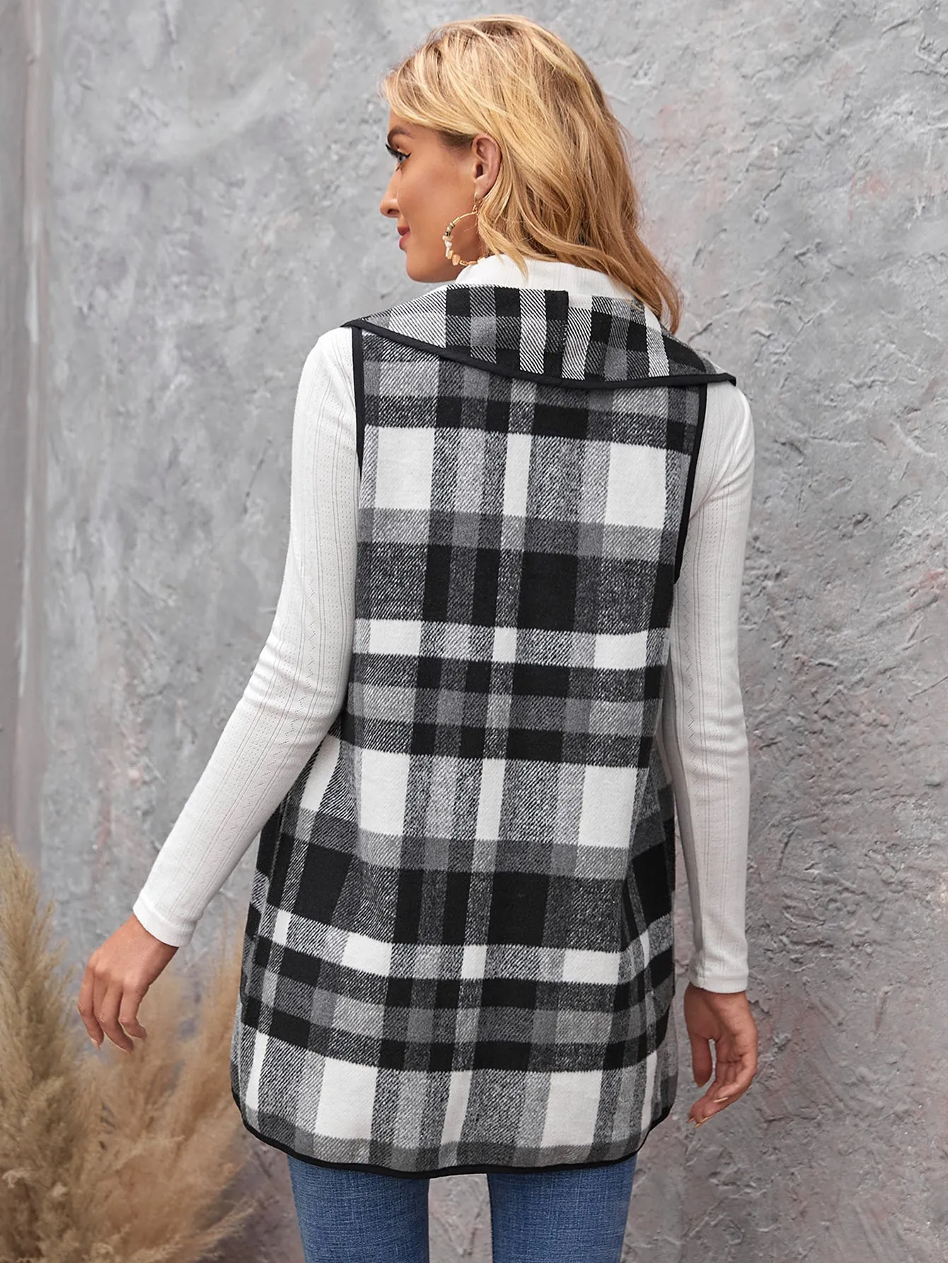 Preppy Plaid Sleeveless Waterfall Asymmetrical Short Women Overcoat