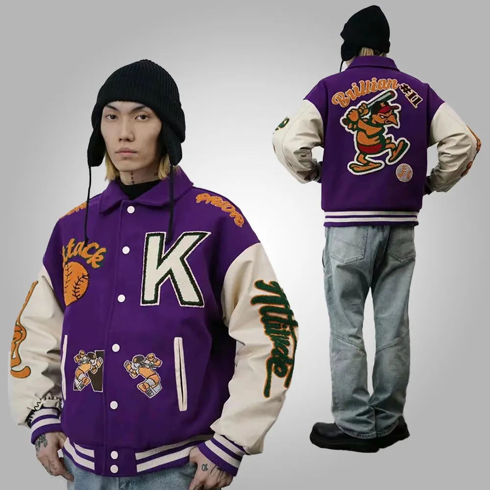 Purple-embroidered baseball jacket