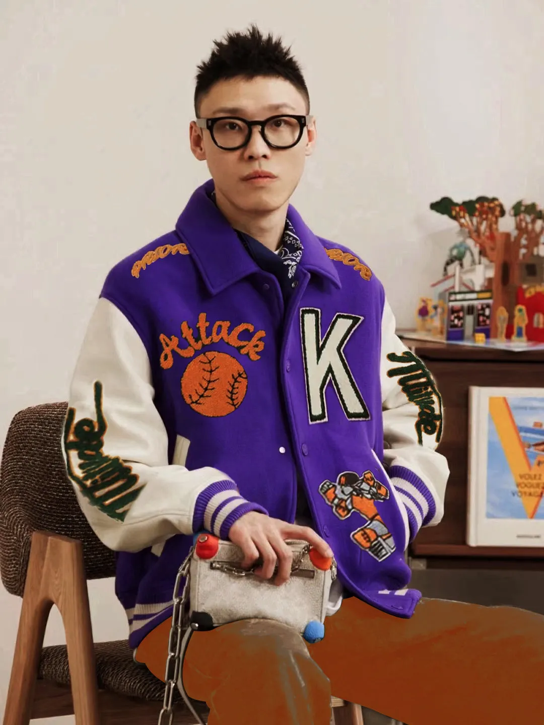 Purple-embroidered baseball jacket