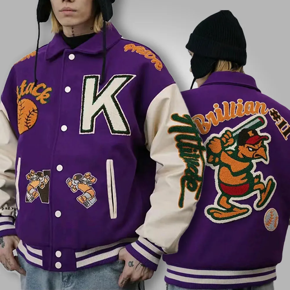 Purple-embroidered baseball jacket