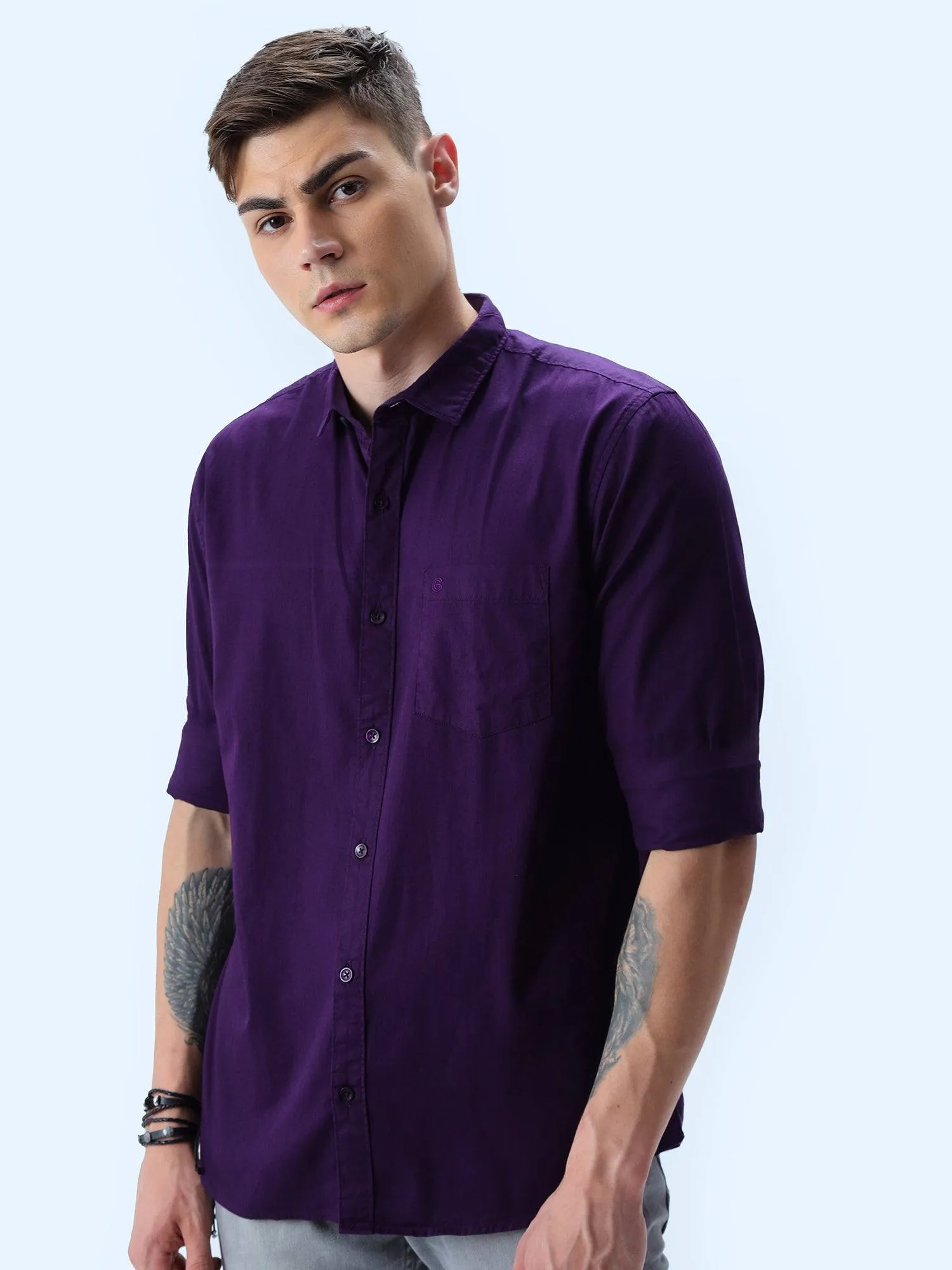 Purple Solid Cotton Full Sleeve Shirt