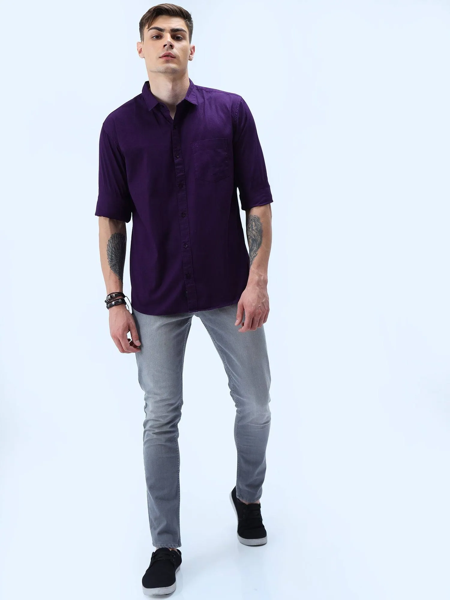 Purple Solid Cotton Full Sleeve Shirt