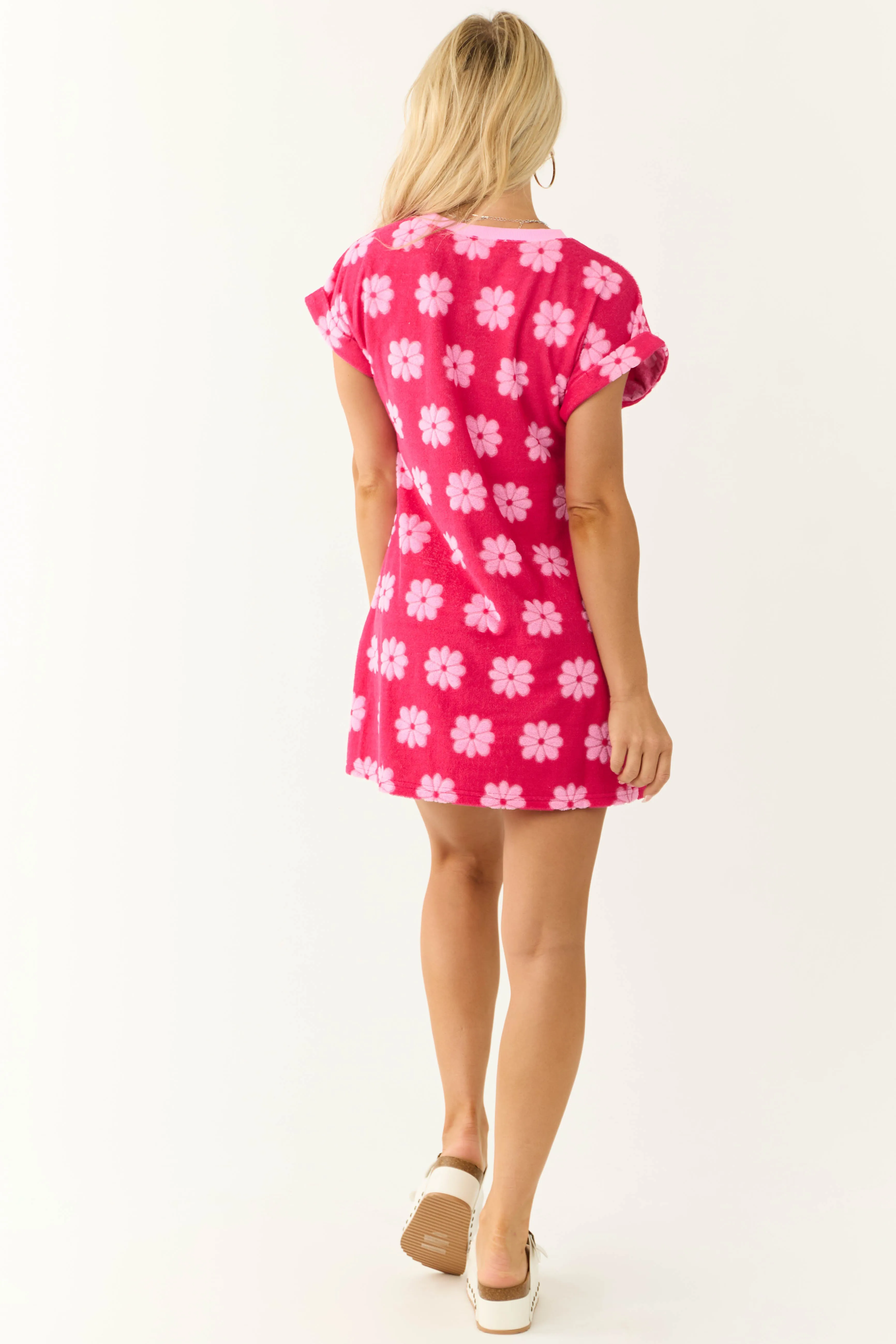 Raspberry French Terry Floral Print Mini Shift Dress