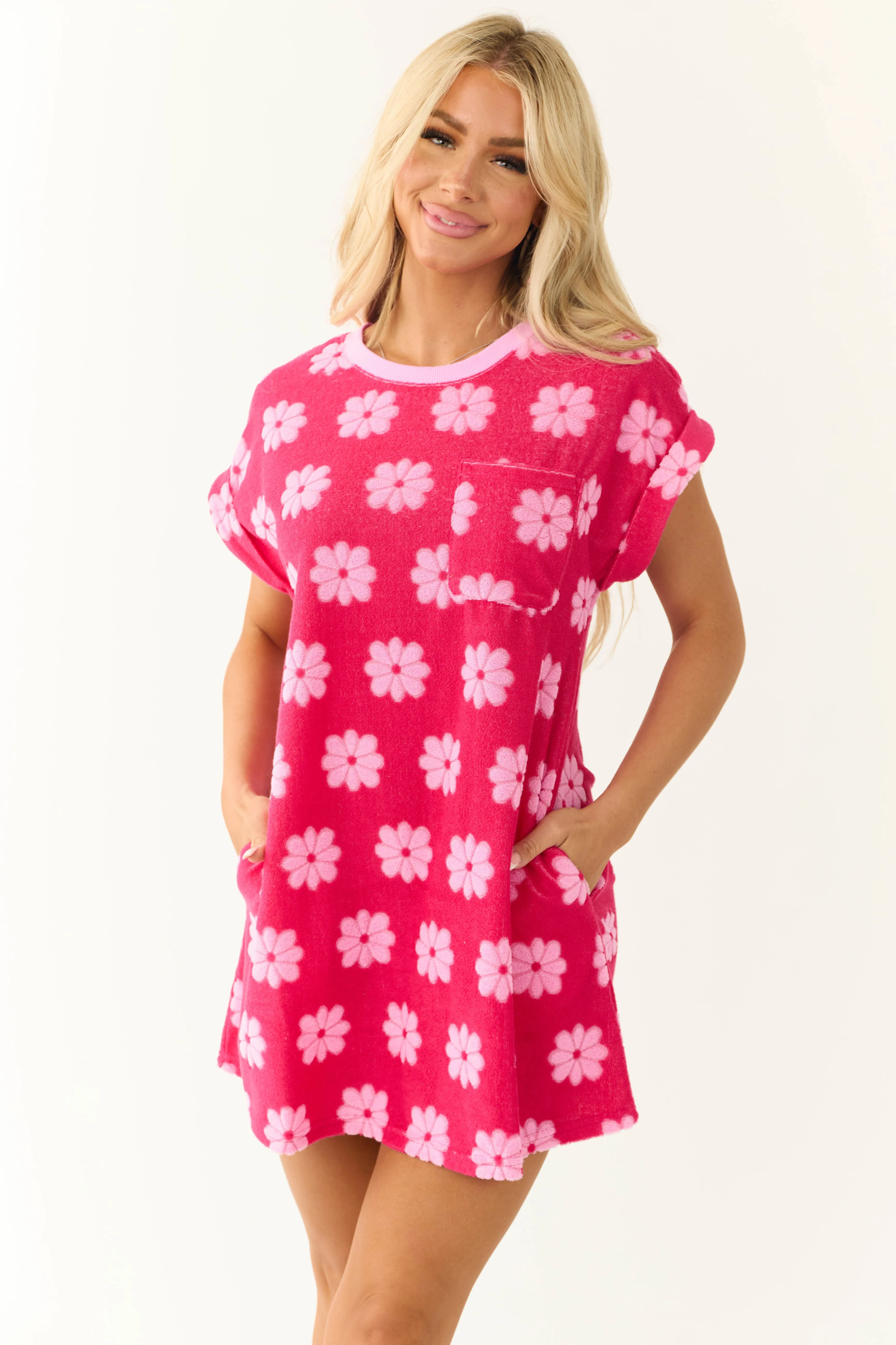 Raspberry French Terry Floral Print Mini Shift Dress