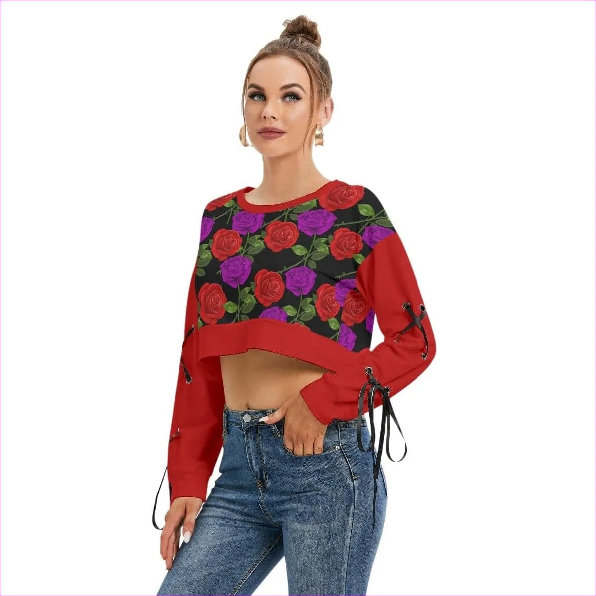 Red Rose Purp Women's Long Sleeve Cropped Sweatshirt