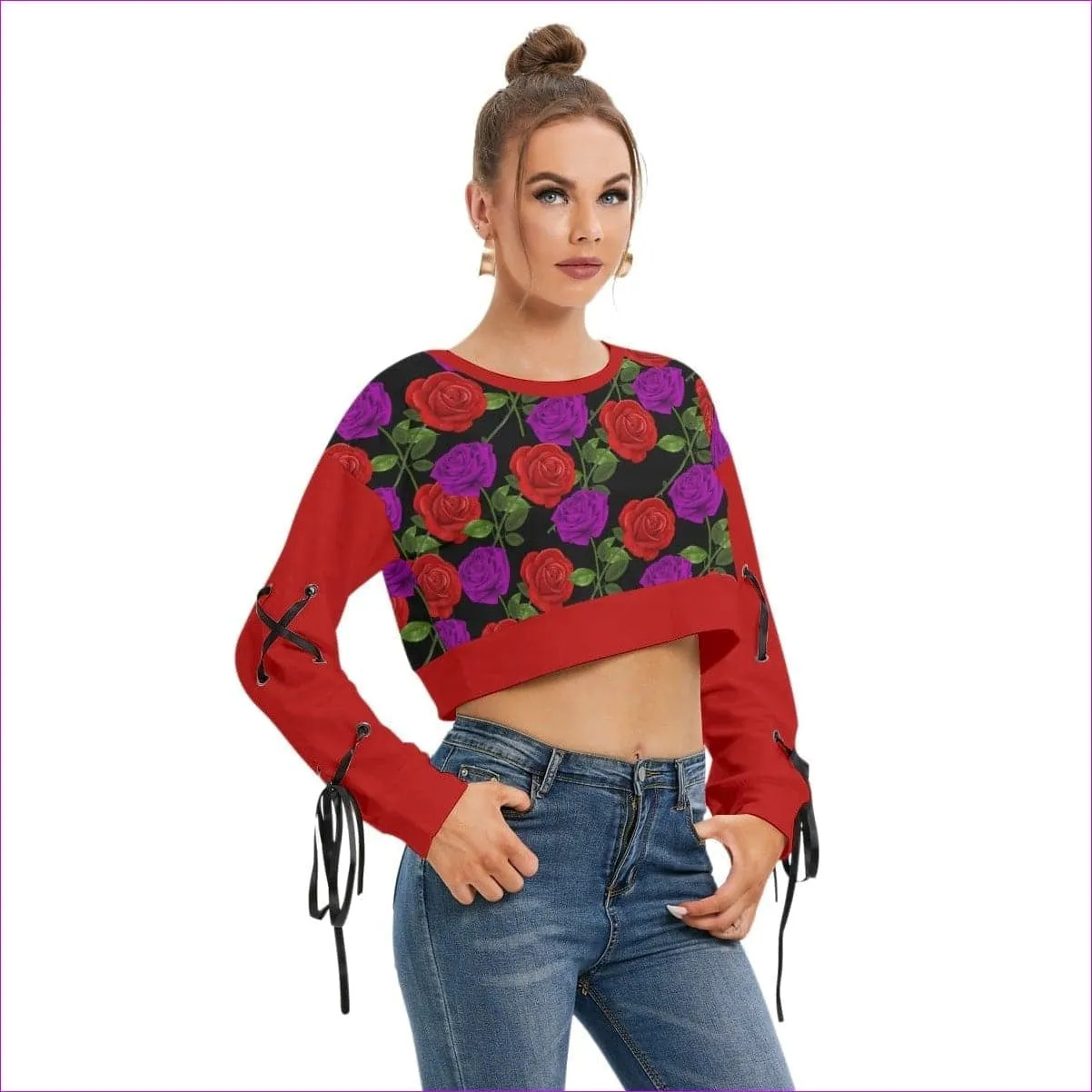 Red Rose Purp Women's Long Sleeve Cropped Sweatshirt