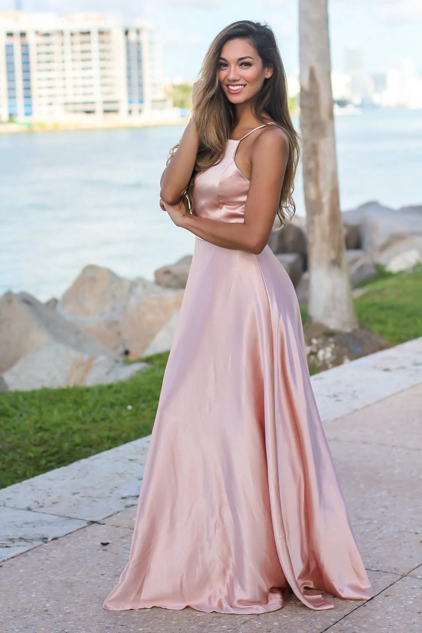 Rose Gold Maxi Dress with Halter Neck