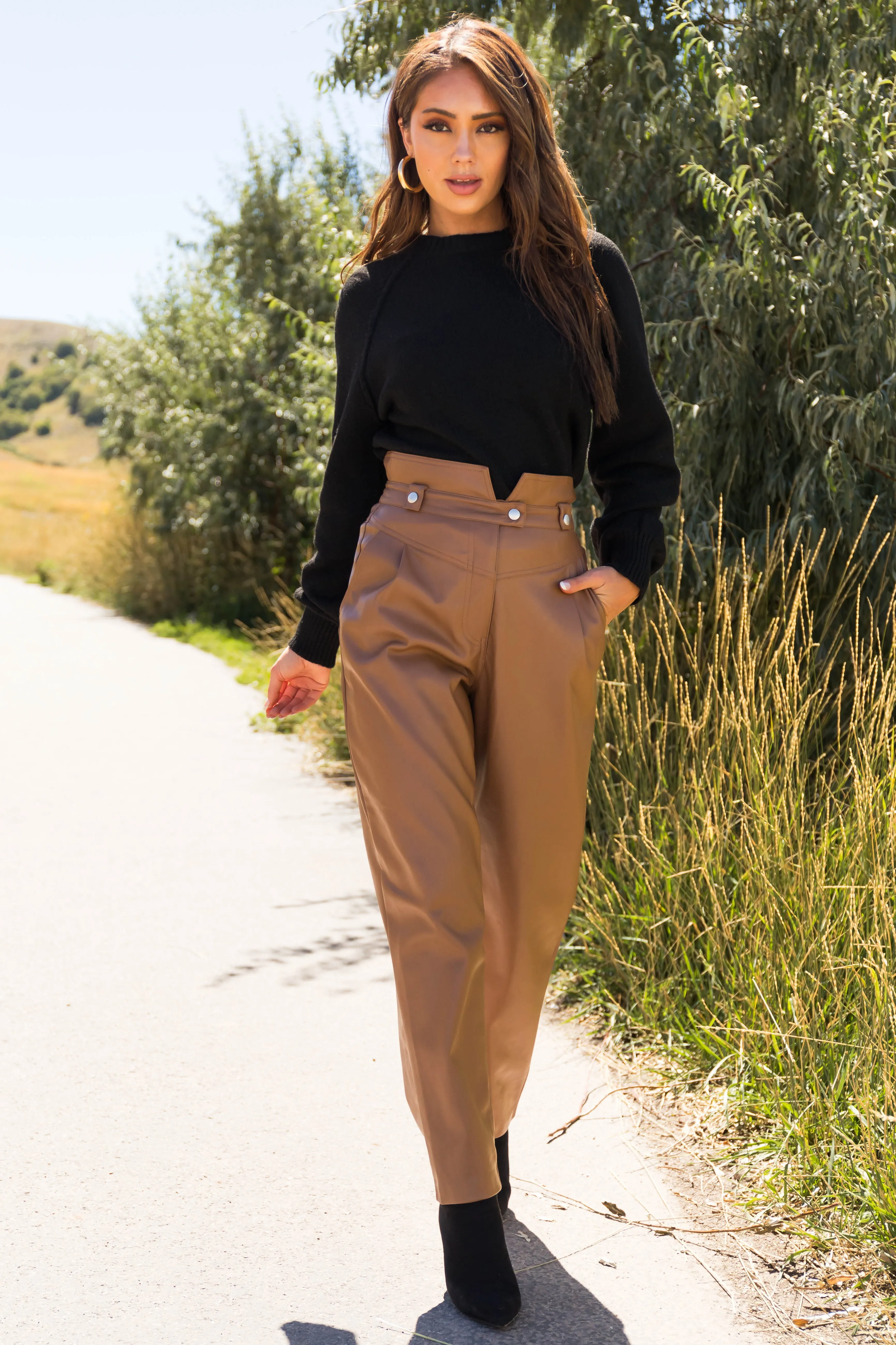 Sepia Faux Leather High Rise Straight Leg Pants