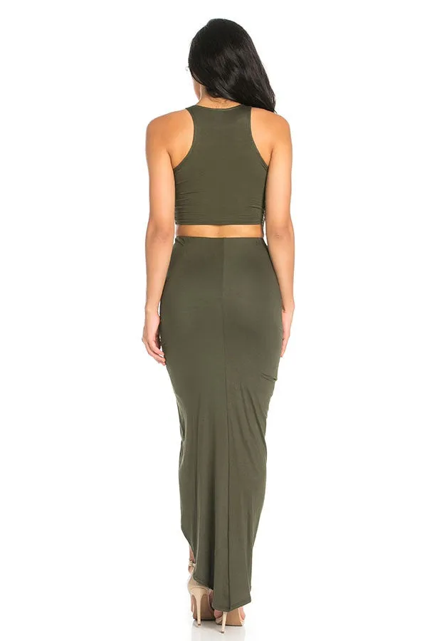 Sexy Crop Top and Ruched Maxi Skirt Set