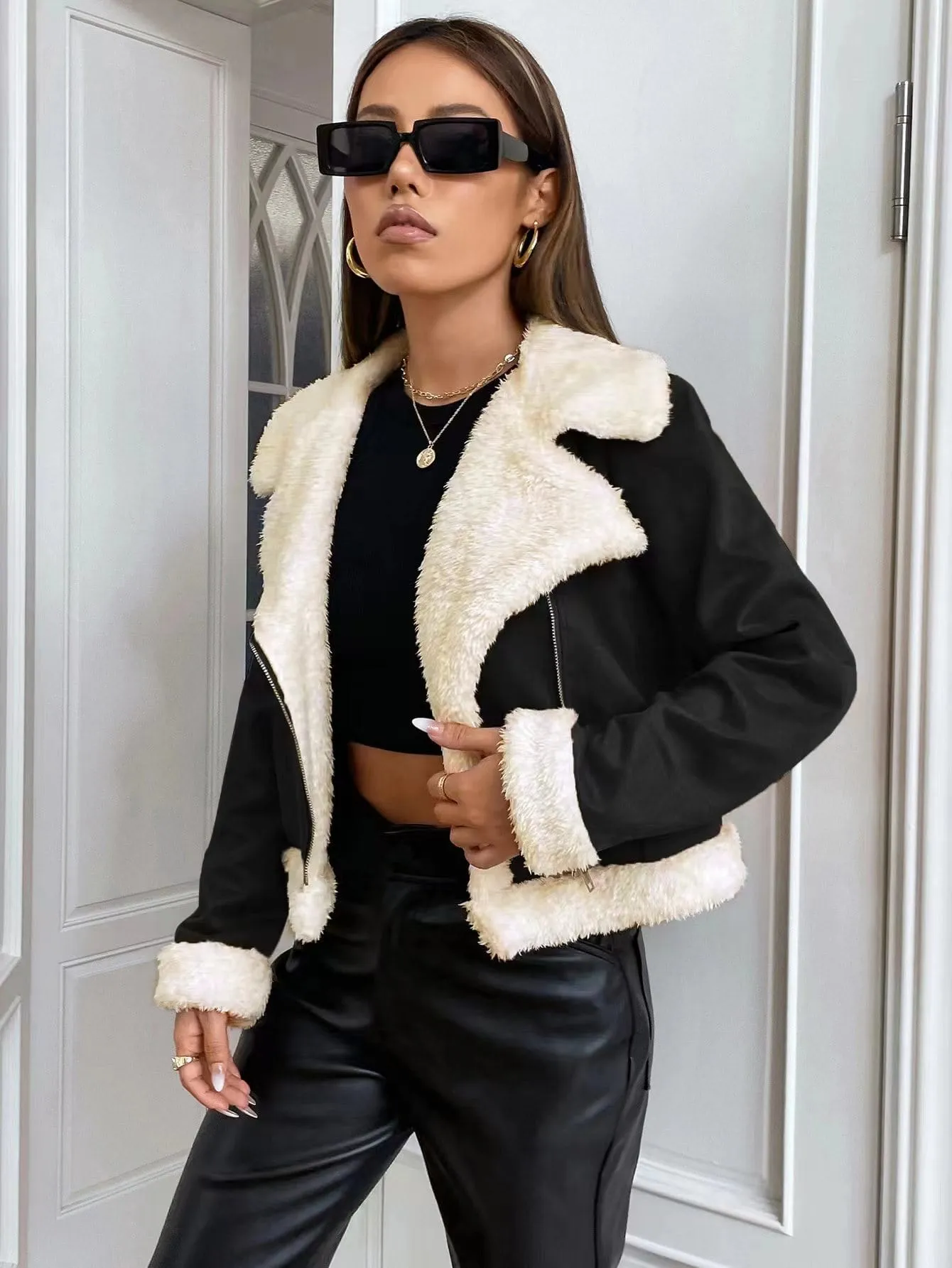 SHEIN EZwear Teddy Lined Open Front Suedette Moto Jacket