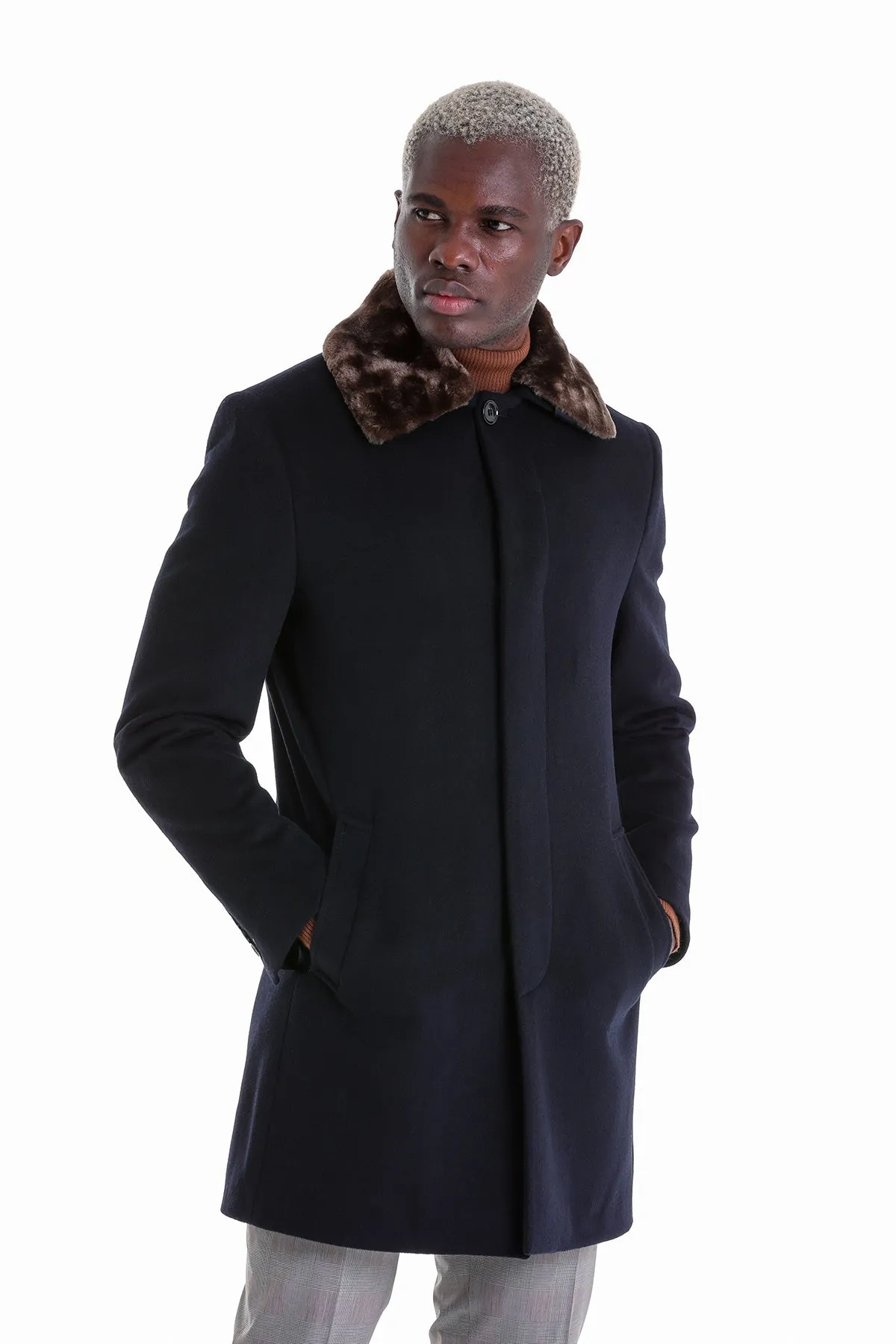 Slim Fit Cachet Flat Collar Navy Wool Blend Overcoat