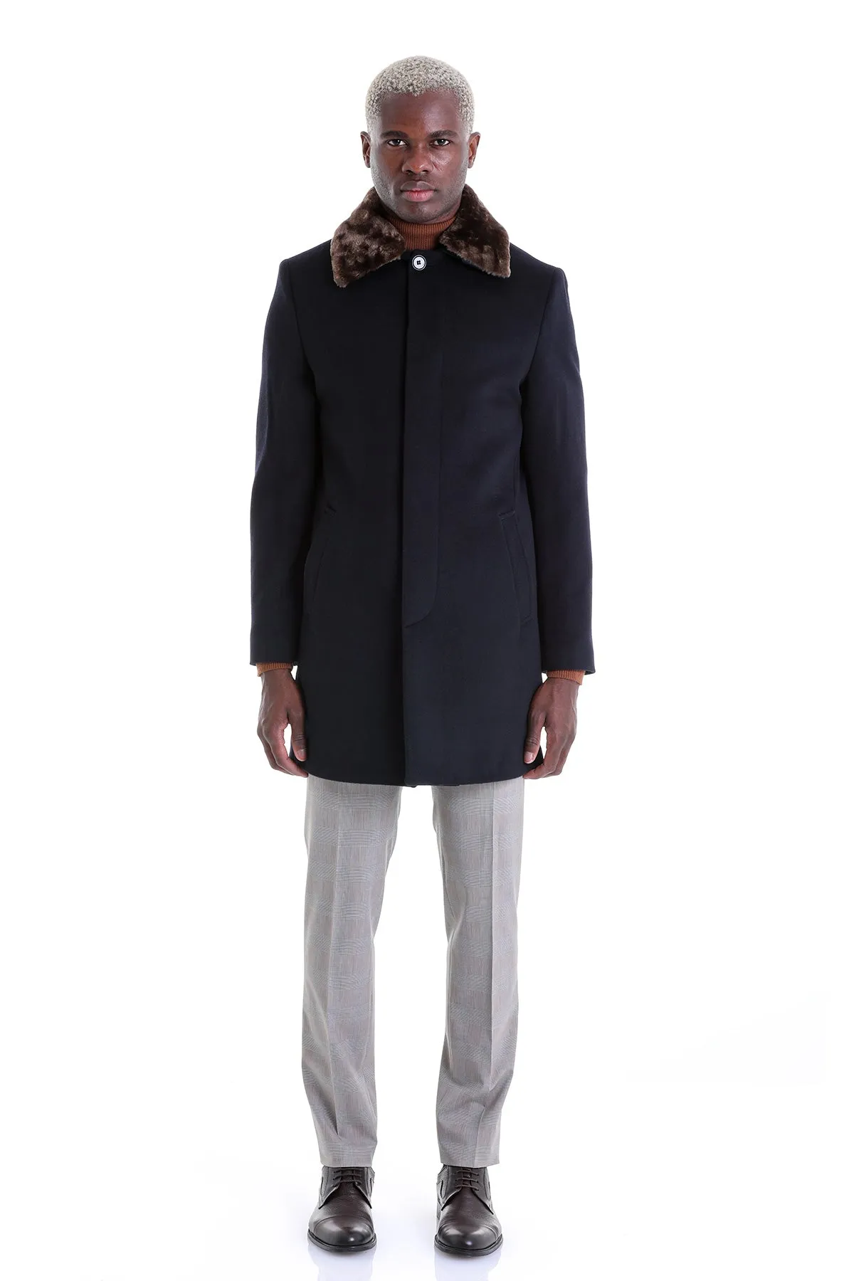 Slim Fit Cachet Flat Collar Navy Wool Blend Overcoat