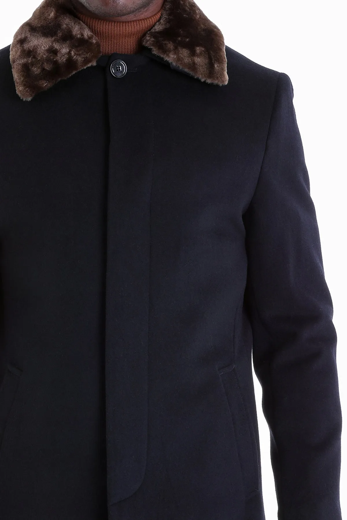 Slim Fit Cachet Flat Collar Navy Wool Blend Overcoat