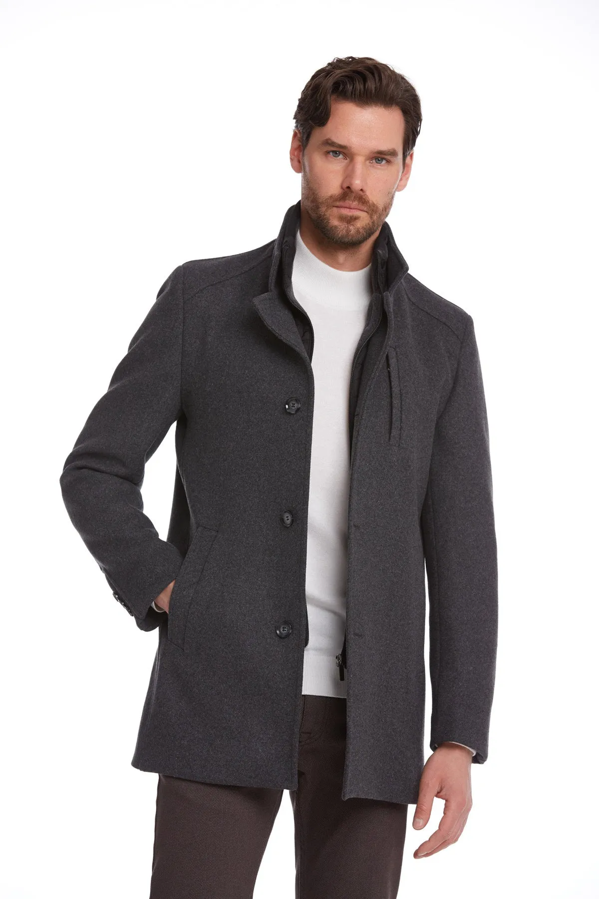 Slim Fit Cachet Manhattan Stand Collar Wool Blend Gray Overcoat, Dark Gray