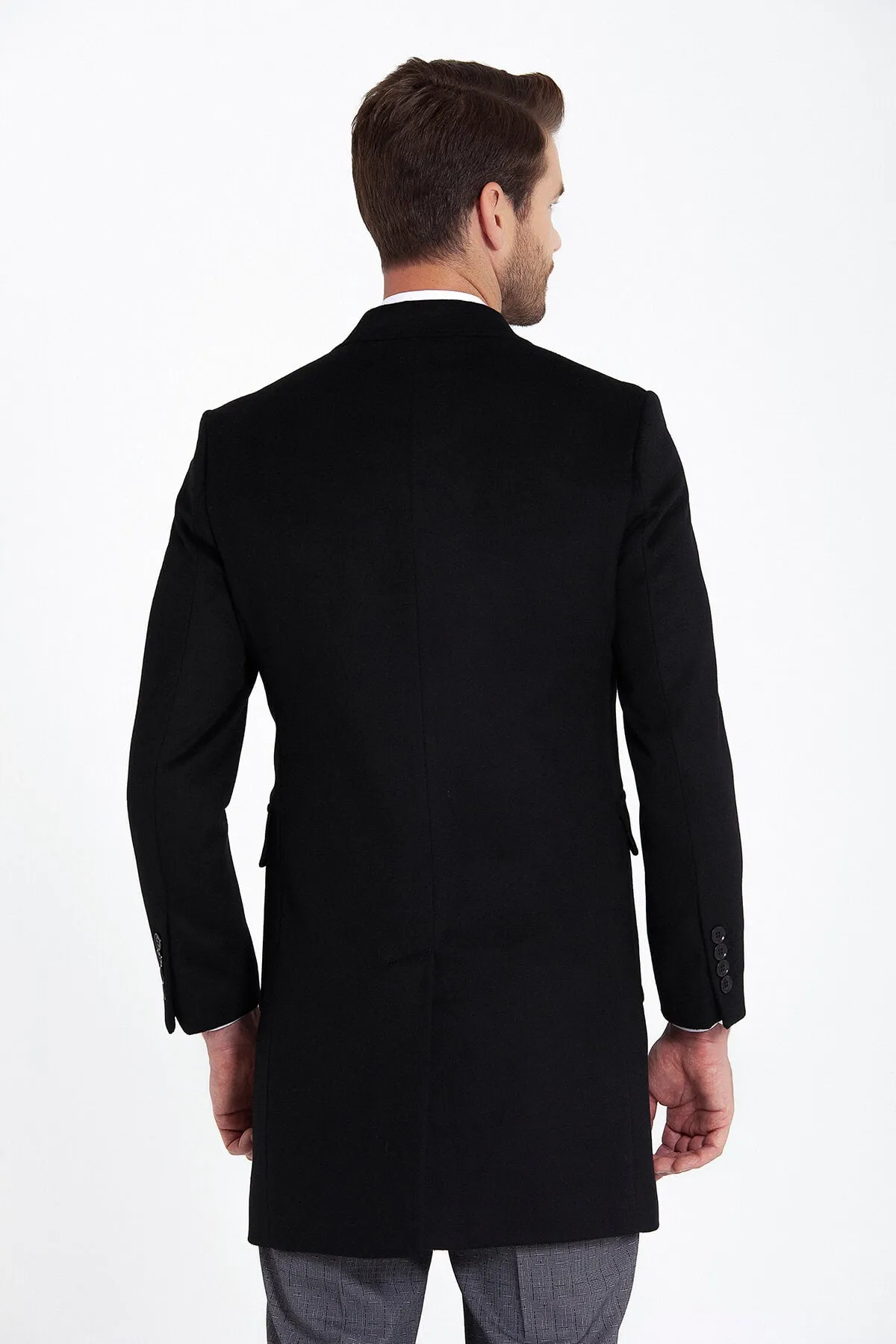 Slim Fit Cachet Notch Lapel Black Wool Blend Overcoat