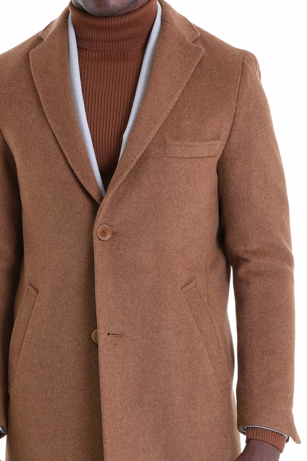 Slim Fit Cachet Notch Lapel Tobacco Wool Blend Overcoat