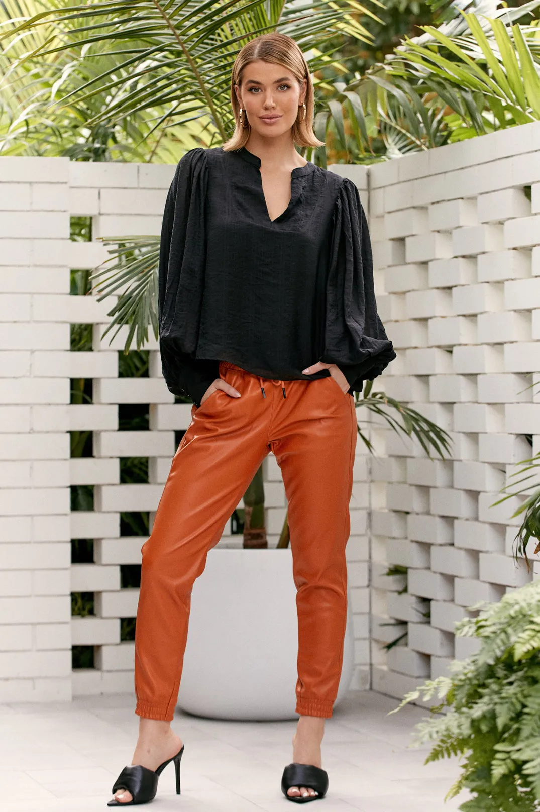 Sophia Faux Leather Pants in Burnt Orange